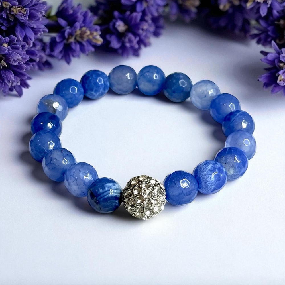 Blue Jasper Beaded Bracelet with Silver Crystal Accent